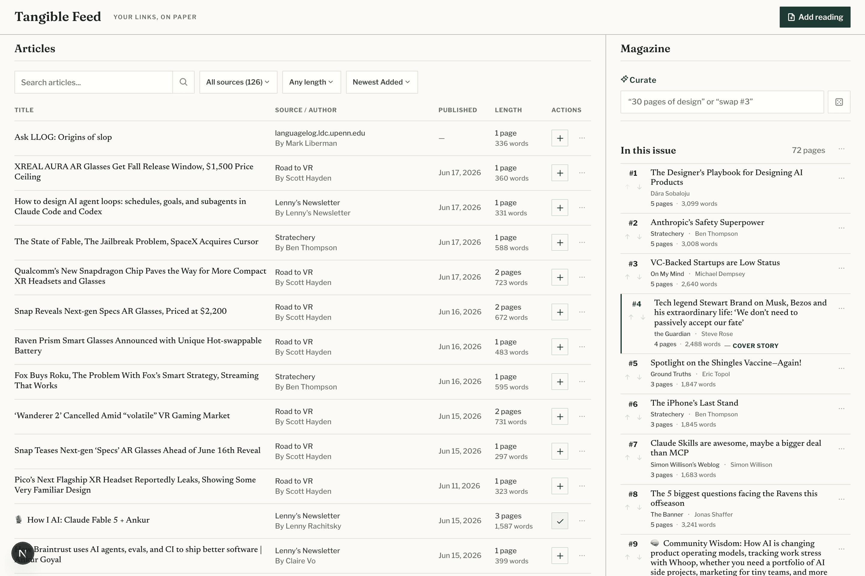 The Tangible Feed workspace: saved articles on the left, the issue being assembled on the right